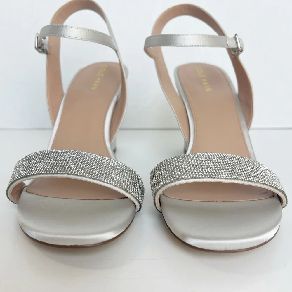 •COLE HAAN•‎ Josie Wedge Ankle Strap Sandal Heel Size 9.5B Gray Satin Crystals